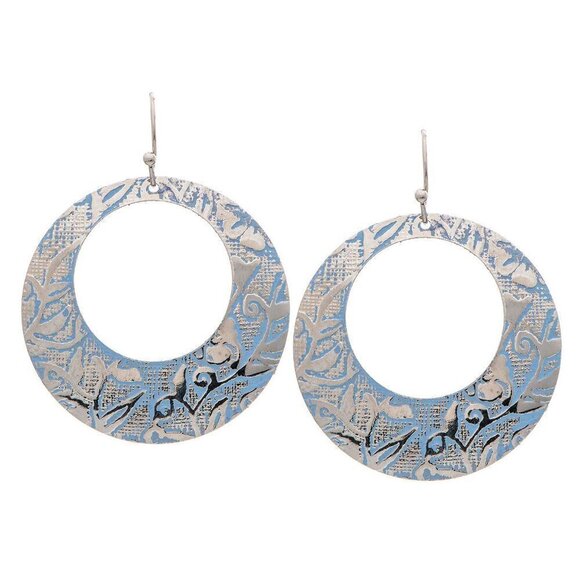 Silver Circle Blue Pattern Earrings - Picture 4 of 5